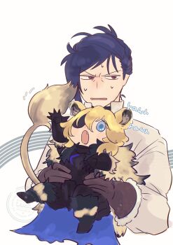 2boys animal_ears arm_up armor b_674 black_armor blonde_hair blue_cape blue_eyes blue_hair boots breastplate brown_eyes brown_gloves cape collared_shirt commentary cropped_torso dimitri_alexandre_blaiddyd dimitri_alexandre_blaiddyd_(blue_lion) dimitri_alexandre_blaiddyd_(blue_lion) dimitri_alexandre_blaiddyd_(timeskip) dot_nose fang felix_hugo_fraldarius felix_hugo_fraldarius_(timeskip) fire_emblem fire_emblem:_three_houses fire_emblem_shadows fur-trimmed_gloves fur_trim gauntlets gloves hair_between_eyes highres holding lion_boy lion_ears lion_tail long_sleeves looking_to_the_side looking_up male_focus multiple_boys nervous_sweating nintendo open_mouth popped_collar shirt sideways_glance sound_effects sweat symbol-only_commentary tail watermark white_background white_shirt