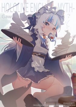 1girl @_@ ^^^ accident ahedtra alternate_costume apron bloop_(gawr_gura) blue_bow blue_eyes blue_hair blue_kimono blunt_bangs bow character_name commentary copyright_name cup english_text fins fish_tail flying_sweatdrops furrowed_brow gawr_gura geta hair_bow highres holding holding_tray hololive hololive_english japanese_clothes kimono looking_at_viewer maid_headdress mouth_hold multicolored_hair paid_reward_available plate plate_stack pussy pussy_peek shark_tail sidelocks solo streaked_hair symbol-only_commentary tail tears thighhighs tray two-tone_hair virtual_youtuber white_apron white_hair white_thighhighs