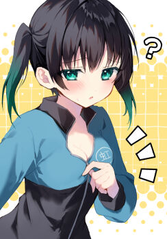 1girl black_hair blue_jacket breasts cleavage commentary_request gradient_hair green_eyes green_hair grid_background halftone halftone_background highres jacket looking_at_viewer love_live! love_live!_nijigasaki_high_school_idol_club matsusaka_gyuu medium_breasts medium_hair multicolored_hair naked_jacket nijigasaki_track_jacket notice_lines solo takasaki_yu track_jacket twintails upper_body yellow_background zipping