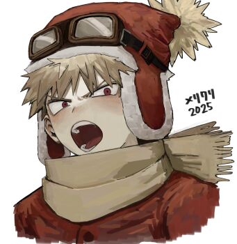Rule 34 | 1boy, alternate costume, bakugou katsuki, blonde hair, blush, bn 56s, boku no hero academia, brown scarf, commentary request, cropped shoulders, goggles, goggles on head, hat, highres, jacket, looking at viewer, male focus, open mouth, red eyes, red hat, red jacket, scarf, short hair, solo, teeth, white background