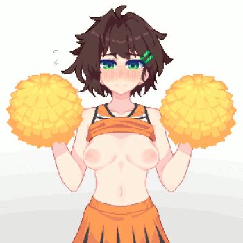 1girl animated animated_gif blush breasts brown_hair cheerleader closed_eyes closed_mouth clothes_lift collarbone facing_viewer green_eyes hair_ornament hairclip hanekenomichi-chan holding holding_pom_poms hurumero looking_at_viewer medium_breasts navel nipples nose_blush open_mouth orange_shirt orange_skirt original paid_reward_available parallel_hairclips pom_pom_(cheerleading) pom_poms shirt shirt_lift short_hair simple_background skirt sleeveless sleeveless_shirt solo white_background