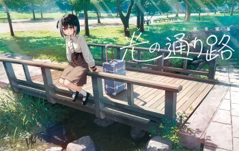 1girl bench black_hair black_shoes blush brown_skirt collared_shirt dappled_sunlight day forest grass high-waist_skirt highres kantoku light_rays long_sleeves looking_at_viewer mary_janes multicolored_hair nature necktie one_side_up open_mouth original outdoors park purple_eyes railing river rock rolling_suitcase scenery shirt shirt_tucked_in shoes short_hair side_ponytail sitting skirt smile socks solo striped_necktie suitcase sunbeam sunlight tree white_necktie white_shirt white_socks