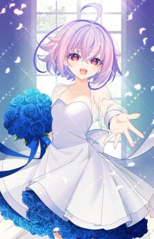 1girl antenna_hair azure_striker_gunvolt azure_striker_gunvolt_1 blue_flower blue_rose bouquet breasts commentary_request cowboy_shot cropped_jacket dress earrings flower highres holding holding_bouquet jacket jewelry joule_(gunvolt) lololotton open_mouth purple_eyes purple_hair rose sample_watermark see-through_clothes see-through_jacket short_hair solo watermark white_dress white_jacket