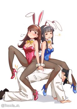 1boy 2girls admiral_(kancolle) all_fours animal_ear_hairband animal_ears black_hair black_pantyhose blue_leotard blunt_bangs bow bowtie braid breasts brown_hair commentary_request covered_navel detached_collar fake_animal_ears fake_tail hairband highleg highleg_leotard highres human_chair human_furniture izumi_kuma kantai_collection kitakami_(kancolle) leotard long_hair medium_breasts multiple_girls ooi_(kancolle) pantyhose pink_leotard playboy_bunny rabbit_ear_hairband rabbit_ears rabbit_tail side-tie_leotard sidelocks single_braid sitting sitting_on_person strapless strapless_leotard tail white_hairband yellow_bow yellow_bowtie