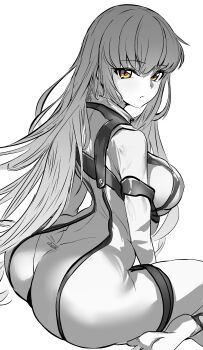 1girl absurdres ass barefoot blue_theme bodysuit breasts c.c. closed_mouth code_geass commentary from_side greyscale highres large_breasts long_hair looking_at_viewer looking_to_the_side metsu_end monochrome partially_colored simple_background sitting soles solo straitjacket torn_clothes very_long_hair wardrobe_malfunction wariza white_background yellow_eyes