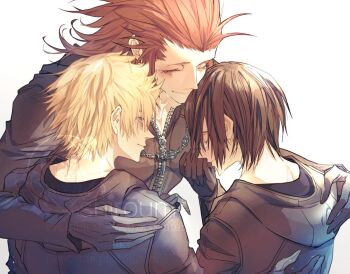 Rule 34 | 1girl, 2boys, arm around shoulder, axel (kingdom hearts), black gloves, black hair, black robe, blonde hair, closed eyes, closed mouth, commentary request, crying, gloves, group hug, hair between eyes, hair slicked back, hood, hood down, hooded robe, hug, kingdom hearts, kingdom hearts 358/2 days, long hair, multiple boys, parted lips, red hair, robe, roxas, short hair, sideburns, smile, spiked hair, srum su28, tears, white background, wiping tears, xion (kingdom hearts)