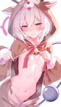 1girl 25omega25 animal_costume animal_ears antlers bell bow breasts closed_mouth commentary cowboy_shot deer_ears fake_animal_ears fake_antlers green_eyes hair_between_eyes heart heart_of_string highres hood hood_up horns komeiji_koishi looking_at_viewer naked_costume navel neck_bell red_bow reindeer_antlers reindeer_costume short_hair simple_background small_breasts smile solo steaming_body stomach sweat third_eye touhou white_background zipper