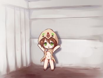 1girl :< arms_up bottomless brown_hair chibi female_focus full_body green_eyes hood hooded langbazi loli looking_at_viewer navel no_panties personification pov scp-173 scp_foundation solo triangle_mouth