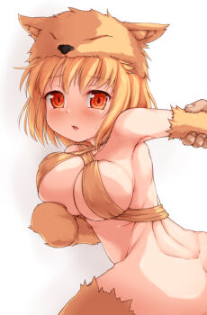 1boy 1girl animal_feet animal_hands back blonde_hair blush bottomless breasts commentary_request cowboy_shot fox_girl grabbing_another&#039;s_arm haty large_breasts looking_at_viewer moonlight_flower open_mouth orange_eyes ragnarok_online short_hair simple_background solo_focus white_background