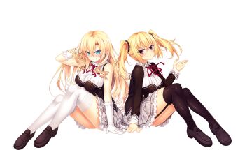 2girls bare_shoulders black_garter_straps black_jacket black_scrunchie black_shoes black_thighhighs blonde_hair blue_eyes blush breasts closed_mouth collared_shirt eyes_visible_through_hair full_body garter_straps gloves grey_skirt hair_between_eyes hair_ornament hair_scrunchie hand_in_own_hair hand_up highres iris_december_uncry jacket knees_up large_breasts loafers long_sleeves looking_at_viewer miniskirt multiple_girls nora_to_oujo_to_noraneko_heart official_art oozora_itsuki patricia_of_end pleated_skirt purple_eyes school_uniform scrunchie shirt shoes simple_background sitting skirt sleeveless sleeveless_shirt smile thighhighs transparent_background twintails white_gloves white_shirt white_thighhighs wing_collar