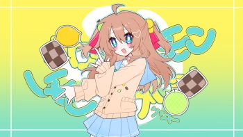 Rule 34 | 1girl, absurdres, ahoge, blue eyes, blue sailor collar, blue skirt, brown hair, cardigan, checkerboard cookie, commentary request, cookie, food, from side, fruit, hair between eyes, hair ornament, heart, heart hair ornament, highres, lemon, lemon melon cookie (vocaloid), lingyou, long hair, long sleeves, melon, miniskirt, neuro-sama, open mouth, pleated skirt, sailor collar, skirt, solo, two side up, upper body, vedal ai, virtual youtuber, yellow cardigan