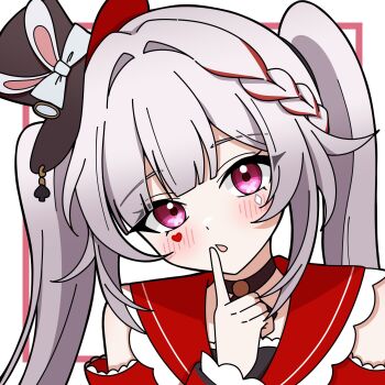 1girl animal_ears bare_shoulders black_choker black_hat blunt_bangs blush bokutaaaa bow braid butterfly-shaped_pupils choker detached_sleeves diamond_(shape) diamond_facial_mark eyelashes facial_mark fake_animal_ears frills grey_hair hand_up hashtag-only_commentary hat hat_bow hat_with_ears heart heart_facial_mark highres honkai:_star_rail honkai_(series) index_finger_raised long_hair long_sleeves looking_at_viewer mini_hat multicolored_hair open_mouth pink_eyes pink_pupils rabbit_ears red_hair red_sleeves sailor_collar sidelocks simple_background solo sparkle_(honkai:_star_rail) sparxie_(honkai:_star_rail) streaked_hair symbol-shaped_pupils twintails upper_body white_background white_bow wide_sleeves