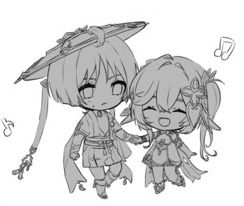 1boy 1girl anklet armlet armor arms_at_sides belt bloomers blunt_ends bodysuit bow bracelet bridal_gauntlets cape chibi clenched_hand closed_eyes closed_mouth commentary_request crossed_bangs detached_sleeves dress eyelashes facing_another full_body furisode genshin_impact greyscale hair_between_eyes hair_ornament hakama hakama_shorts hat highres holding_hands japanese_armor japanese_clothes jewelry jingasa juban kimono kote leaf leaf_hair_ornament leg_warmers long_hair looking_at_another monochrome musical_note nahida_(genshin_impact) onigiri_po_0205 open_clothes open_hand open_kimono open_mouth pleated_shorts pointy_ears rope sandals sash scaramouche_(genshin_impact) short_sleeves shorts side_ponytail sidelocks sweatdrop tassel toeless_socks tongue underwear wanderer_(genshin_impact) white_background wispy_bangs zouri