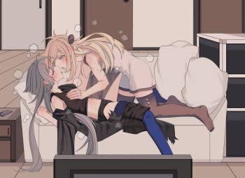 2girls blonde_hair blush breasts collared_dress commentary_request couch couple dress duel_monster emptyayya green_eyes grey_hair highres long_hair long_sleeves multiple_girls red_eyes sky_striker_ace_-_raye sky_striker_ace_-_roze thighhighs two-tone_dress yu-gi-oh! yuri