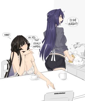 2girls acheron_(honkai:_star_rail) alternate_costume artist_name ass black_hair black_shorts breasts chair chemise cleavage commentary couple cup demon_horns dishes dishwashing english_commentary english_text grey_shirt highres honkai:_star_rail honkai_(series) horns kitchen large_breasts long_hair mole mole_under_eye multicolored_hair multiple_girls on_chair purple_eyes purple_hair seijousai shirt shorts sitting spaghetti_strap sponge table teacup the_dahlia_(honkai:_star_rail) twitter_username very_long_hair white_background yuri