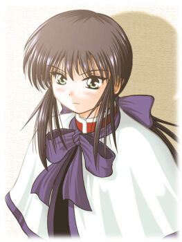 Rule 34 | 1girl, 2000s (style), archived source, black hair, bloom, blue ribbon, blush, border, bow, capelet, closed mouth, commentary request, dated commentary, dot nose, fading border, frown, green eyes, hair bow, kanon, kawasumi mai, keito (keito-ya), key (company), long hair, low-tied long hair, neck ribbon, ponytail, retro artstyle, ribbon, school uniform, shadow, sidelocks, simple background, solo, upper body, v-shaped eyebrows, white border, white capelet