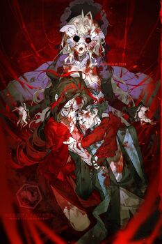 1boy 2girls black_bonnet black_coat black_dress bonnet butterfly_mask coat commentary curiambro_(project_moon) dress drill_hair dulcinea_(project_moon) english_commentary gradient_hair grey_hair hair_intakes highres juliet_sleeves krab_(fumekrab) limbus_company long_hair long_sleeves looking_at_viewer low_twintails mask multicolored_hair multiple_girls nicolina_(project_moon) project_moon puffy_sleeves red_dress red_eyes red_hair red_streaks stole twin_drills twintails very_long_hair white_hair white_mask