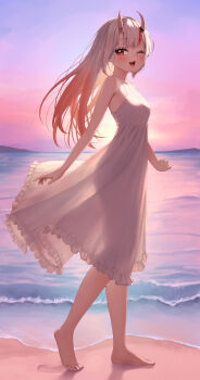 1girl ;d absurdres alternate_costume bare_arms barefoot beach breasts center-flap_bangs day dress fang feet frilled_dress frills full_body gradient_hair grey_hair hair_between_horns highres hololive horns kakinotane_e long_hair looking_at_viewer multicolored_hair nakiri_ayame ocean one_eye_closed oni open_mouth outdoors red_eyes red_hair see-through_clothes see-through_sleeves skin-covered_horns skin_fang small_breasts smile solo spaghetti_strap streaked_hair sundress toes virtual_youtuber