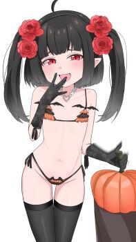 1girl ahoge bikini black_hair blush elbow_gloves flower full_body gloves hair_ribbon halloween indie_virtual_youtuber laughing littlenii loli looking_at_viewer naughty_face navel open_mouth pointy_ears pumpkin red_eyes ribbon rose short_twintails simple_background smug socks solo swimsuit thighhighs tiny_bikini twintails virtual_youtuber white_background