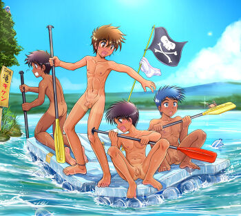 5boys anklet ass barefoot black_hair blue_eyes blue_hair blue_sky blush briefs brown_eyes brown_hair camera censored character_request classic_fly_briefs clenched_teeth completely_nude crab dark-skinned_male dark_skin day dot_nose feet flaccid flag foreskin from_behind full_body holding holding_camera holding_oar in_tree jewelry jolly_roger kneeling looking_to_the_side male_focus male_underwear mosaic_censoring multiple_boys muscular navel nipples nude oar open_mouth outdoors penis public_indecency raft shota sideways_mouth sign sitting sky standing sweat takenokoya tan tanline teeth testicles translation_request tree underwear unworn_clothes unworn_male_underwear unworn_underwear water wet white_briefs white_male_underwear zenra
