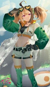 1girl absurdres ahoge belt black_belt black_gloves brown_hair buckle cropped_jacket diamon_(diamonmurly) gigi_murin gigi_murin_(chatacabra) gloves goggles goggles_on_head green_thighhighs grem_(gigi_murin) hand_on_own_hip heart heart-shaped_buckle highleg highleg_panties highres hololive hololive_english midriff navel official_alternate_costume panties pink_eyes shorts signature tail thighhighs twintails underwear virtual_youtuber