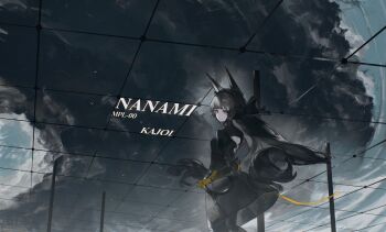 Rule 34 | 1girl, black bow, black skirt, bow, character name, closed mouth, commentary request, cowboy shot, from side, glass ceiling, grey eyes, grey hair, hair bow, headgear, highres, juliet sleeves, kajol98606618, long hair, long sleeves, looking at viewer, mechanical arms, medium skirt, nanami: storm (pgr), nanami (pgr), puffy sleeves, punishing: gray raven, skirt, solo, standing, turning head, very long hair