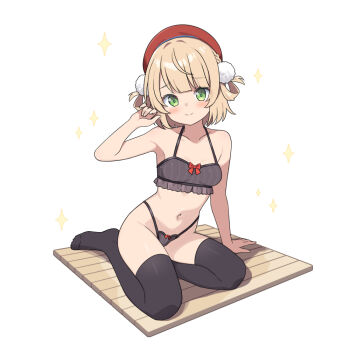 1girl arm_support bare_arms bare_shoulders beret black_thighhighs blush bow bow_bra bow_panties bra breasts brown_hair closed_mouth collarbone commentary_request frilled_bra frills full_body green_eyes grey_bra grey_panties hair_rings halterneck hand_up hat hatsunatsu indie_virtual_youtuber looking_at_viewer navel panties red_hat shigure_ui_(vtuber) simple_background sitting small_breasts smile solo sparkle striped_bra striped_clothes striped_panties thighhighs underwear underwear_only vertical-striped_bra vertical-striped_clothes vertical-striped_panties virtual_youtuber white_background