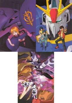 2000s_(style) absurdres aeug battle black_hair blue_hair brown_hair crossed_swords duel elpeo_puru energy_sword fa_yuiry funnels_(gundam) gundam gundam_zz haman_karn highres judau_ashta kamille_bidan kitazume_hiroyuki machinery magazine_scan mecha mecha_pilot_suit military_uniform mobile_suit neo_zeon official_art orange_hair qubeley qubeley_mk_ii retro_artstyle robot roundel scan science_fiction space sword traditional_media v-fin weapon zero_gravity zeta_gundam zeta_gundam_(mobile_suit) zz_gundam