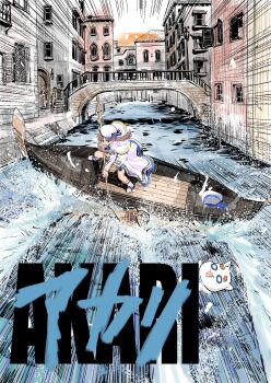 1girl 1other akira_(manga) akira_slide aria_(manga) aria_company_uniform aria_pokoteng beret blue_bow blue_bowtie boat bow bowtie bridge building capelet cat city dress emphasis_lines feathers gold_trim hat hat_ribbon highres long_dress long_hair long_sleeves mizunashi_akari oar open_mouth outdoors parody ribbon river solo standing tentaiebosi water watercraft white_capelet white_cat white_dress