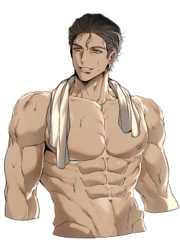 1boy abs black_hair commentary_request covered_navel cropped_torso donvilbb forehead groin highres korean_commentary large_pectorals looking_to_the_side male_focus mature_male muscular muscular_male naked_towel nipples nude original pectoral_cleavage pectorals short_hair simple_background spiked_hair sweat topless_male towel towel_around_neck upper_body white_background yellow_eyes