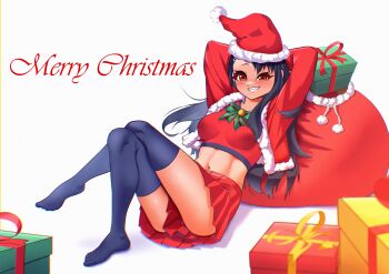 1girl black_hair blush box christmas crossed_legs earclip febssssst gift gift_box hair_ornament hairclip hands_behind_own_head hat ijiranaide_nagatoro-san long_hair midriff nagatoro_hayase orange_eyes santa_costume santa_hat sitting skirt smile tagme tan tanline thighhighs white_background
