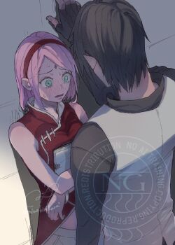 1boy 1girl bare_shoulders black_gloves black_hair black_shirt blush book breasts dress facial_mark fingerless_gloves forehead_mark from_above gloves green_eyes grey_vest hairband haruno_sakura hetero highres holding holding_book kabedon medium_breasts medium_hair miwokirihana naruto_(series) naruto_shippuuden parted_lips pink_hair red_dress red_hairband shirt short_hair signature sleeveless sleeveless_dress sweatdrop swept_bangs twitter_username uchiha_sasuke upper_body vest