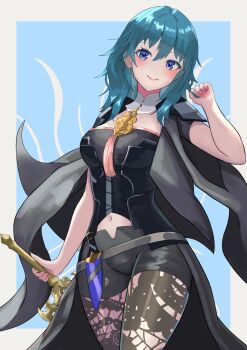 Rule 34 | 1girl, absurdres, blue eyes, blue hair, blush, bodice, breasts, bustier, cape, closed mouth, clothing cutout, dagger, female byleth (fire emblem), fire emblem, fire emblem: three houses, hair between eyes, hand up, highres, holding, holding weapon, knife, lace, lace pantyhose, medium breasts, medium hair, navel cutout, nintendo, pantyhose, pantyhose under shorts, patterned legwear, print pantyhose, short sleeves, shorts, smile, solo, sword of the creator, tarutaru193, tassel, thighs, turtleneck, waist cape, weapon