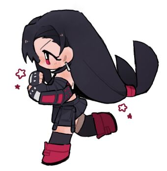 1girl bare_shoulders black_hair black_skirt black_thighhighs blush blym7oym7759061 boots clenched_hands crop_top earrings final_fantasy final_fantasy_vii final_fantasy_vii_remake fingerless_gloves from_side full_body gloves highres jewelry long_hair low-tied_long_hair low_twintails miniskirt profile red_boots red_eyes simple_background single_arm_guard skirt solo standing standing_on_one_leg star_(symbol) thighhighs tifa_lockhart twintails very_long_hair white_background