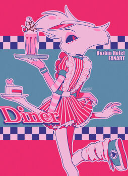 1boy absurdres alternate_costume angel_dust apron black_choker black_sclera blue_background blue_shoes bracelet cake cake_slice cherry chocolate_syrup choker chromatic_aberration colored_sclera commentary_request copyright_name crossdressing crossdressing_(mtf) dress extra_arms eyeshadow fewer_digits film_grain food foot_out_of_frame frilled_apron frills from_behind fruit furry furry_male hat hazbin_hotel heart hellaverse highres holding holding_plate holding_tray ice_cream jewelry kneehighs letterboxed looking_at_viewer looking_back loose_socks makeup male_focus menma_(enaic31) outline outside_border petticoat pink_eyeshadow pink_fur plate puffy_short_sleeves puffy_sleeves red_dress red_eyes red_hat shoelaces shoes short_dress short_sleeves signature simple_background skirt_hold socks solo standing standing_on_one_leg striped_clothes striped_dress sundae tray two-tone_dress two-tone_fur vertical-striped_clothes vertical-striped_dress visor_cap white_apron white_dress white_fur white_outline white_socks