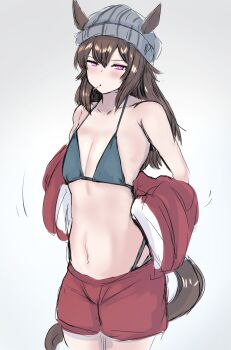 1girl absurdres animal_ears bare_shoulders bikini brown_hair collarbone commentary_request dot_nose ears_through_headwear flat_chest hair_between_eyes hat highres horse_ears horse_girl horse_tail jacket kanikama25 light_blush long_hair looking_at_viewer nakayama_festa_(umamusume) navel pink_eyes pulling_own_clothes red_jacket red_shorts shorts simple_background swimsuit tail umamusume