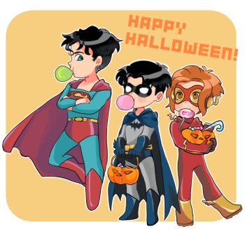 3boys bart_allen bat_(symbol) batman_(series) black_hair bodysuit boots brown_hair candy cape cosplay dc_comics earrings flash_(series) food gloves halloween imo_(ume_syrop) impulse jewelry kon-el mask multiple_boys robin_(dc) s_shield superboy superman_(series) tim_drake young_justice
