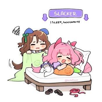 2girls animal_ears arrow_(symbol) bed blanket blush bow brown_hair closed_eyes commentary ear_bow ear_covers english_commentary english_text gameplay_mechanics green_bow hairband haru_urara_(umamusume) headband holding holding_blanket horse_ears horse_girl horse_tail king_halo_(umamusume) long_hair multiple_girls open_mouth pillow pink_hair pink_headband pleated_skirt puffy_short_sleeves puffy_sleeves purple_shirt red_headband sailor_collar school_uniform shibedraws shirt shoes short_sleeves skirt sleeping smile stuffed_carrot tail thighhighs tracen_school_uniform umamusume unworn_headband unworn_shoes white_sailor_collar white_skirt white_thighhighs