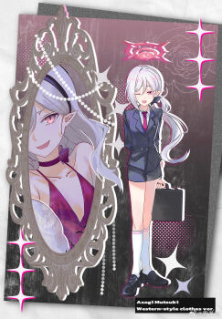 Rule 34 | 1girl, ;d, arm at side, arm behind back, artist name, bare shoulders, black bow, black hairband, black jacket, black shoes, black shorts, black suit, blue archive, bow, bow choker, briefcase, character name, chinese commentary, choker, cocktail dress, collarbone, commentary request, crossdressing, crossdressing (ftm), dotted background, double-parted bangs, dress, english text, fang, flat chest, floral background, flower, formal clothes, fur shawl, hair behind ear, hair bow, hairband, halo, hand on own arm, highres, holding, holding briefcase, jacket, kneehighs, lapels, legs together, low ponytail, multiple views, mutsuki (blue archive), mutsuki (dress) (blue archive), mutsuki (suit) (blue archive), necktie, notched lapels, one eye closed, open mouth, petite, picture frame, plunging neckline, pointy ears, ponytail, projected inset, red choker, red dress, red eyes, red halo, red necktie, rose, shawl, shoes, short shorts, shorts, single hair intake, smile, socks, sparkle, standing, suit, suit jacket, tsurime, watermark, weibo watermark, white hair, white shawl, white socks, xuechachu