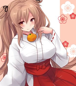 1girl breasts brown_eyes brown_hair commentary_request food fruit hakama highres hirune_(konekonelkk) japanese_clothes kantai_collection kimono large_breasts long_hair miko murasame_(kancolle) murasame_kai_ni_(kancolle) object_on_breast oppai_mochi orange_(fruit) red_hakama solo two_side_up white_kimono