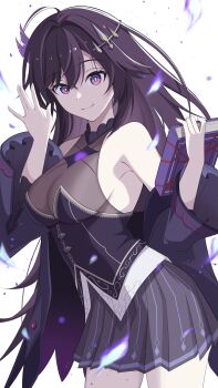 1girl absurdres ahoge book breasts closed_mouth coat duel_masters duel_masters_play's hair_ornament highres holding holding_book large_breasts long_hair nekohitsuj96199 noin_(duel_masters) open_clothes open_coat purple_coat purple_eyes purple_hair purple_shirt purple_skirt see-through_cleavage see-through_clothes shirt skirt solo white_background