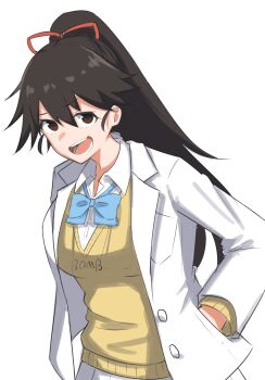 Rule 34 | 1girl, alternate costume, bambietta basterbine, black hair, bleach, bleach: sennen kessen-hen, blue bow, blue bowtie, bow, bowtie, brown eyes, clothes writing, collared shirt, commentary request, delinquent, hair between eyes, hair ribbon, hand in pocket, highres, jacket, long hair, long sleeves, looking at viewer, open clothes, open jacket, open mouth, ponytail, red ribbon, ribbon, school uniform, shirt, simple background, smile, solo, sweater, teeth, upper body, upturned eyes, v-shaped eyebrows, white background, white jacket, white shirt, yellow sweater, yukia2