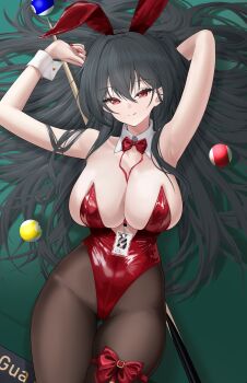 1girl absurdres animal_ears azur_lane ball billiard_ball black_hair black_pantyhose bow bowtie breasts cleavage closed_mouth cue_stick detached_collar fake_animal_ears guagua_wa_dvb highres id_card large_breasts leotard long_hair lying official_alternate_costume pantyhose playboy_bunny pool_table rabbit_ears red_bow red_bowtie red_eyes red_leotard smile solo table taihou_(azur_lane) taihou_(fun_on_the_baize)_(azur_lane) very_long_hair wrist_cuffs