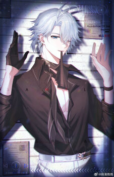 Rule 34 | absurdres, antenna hair, black gloves, black shirt, chinese commentary, collared shirt, commentary request, gloves, highres, honkai: star rail, honkai (series), long sleeves, model, open clothes, phainon (honkai: star rail), shirt, short hair, smile