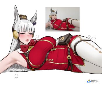 Rule 34 | 1girl, absurdres, animal ears, armpits, bag, bow, bowtie, breasts, brown eyes, brown hat, dress, ear bow, ear covers, ear ribbon, gold ship (red strife) (umamusume), gold ship (umamusume), handbag, hat, highres, horse ears, horse girl, large breasts, lips, looking at viewer, mole, mole under mouth, nisp art, pantyhose, photo-referenced, pillbox hat, red bow, red bowtie, red dress, sleeveless, solo, umamusume, white pantyhose