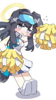 Rule 34 | 1girl, animal ears, black hair, blue archive, blush, cheerleader, dog ears, dog girl, dog tail, full body, goggles, goggles on head, halo, hibiki (blue archive), hibiki (cheer squad) (blue archive), highres, holding, holding pom poms, long hair, looking at viewer, millennium cheerleader outfit (blue archive), nakashiro116, official alternate costume, open mouth, pom pom (cheerleading), pom poms, shoes, simple background, skirt, solo, star (symbol), star sticker, sticker, sticker on arm, tail, white background, white shoes, yellow halo