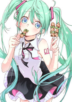 1girl absurdres bare_arms bare_shoulders black_choker black_skirt blue_eyes blush breasts choker closed_mouth collared_shirt commentary cowboy_shot double-parted_bangs eating green_hair hair_between_eyes ham3c hatsune_miku highres holding holding_skewer long_hair miku_day miniskirt number_tattoo shirt shoulder_tattoo simple_background skewer skirt sleeveless sleeveless_shirt small_breasts solo striped_clothes striped_skirt tattoo twintails vertical-striped_clothes vertical-striped_skirt vocaloid white_background