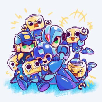 3boys bilingual_text black_hair blue_eyes chibi closed_mouth copyright_name green_eyes highres humanoid_robot laser-lance long_hair looking_at_another mega_man_(character) mega_man_(classic) mega_man_(series) mega_man_battle_network_(series) mega_man_legends_(series) mega_man_x_(series) megaman.exe mixed-language_text multiple_boys open_mouth robot servbot_(mega_man) x_(mega_man)
