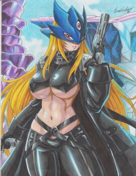 1girl abs absurdres beelstarmon black_coat black_pants blonde_hair breasts coat cowboy_shot cropped_shirt curvy digimon digimon_(creature) eye_mask finger_on_trigger gun highres holding holding_gun holding_weapon large_breasts lips long_hair looking_at_viewer mask navel open_clothes open_coat outdoors pants purple_eyes purple_lips ravernclouk_design shiny_skin solo standing third_eye traditional_media underboob weapon wide_hips