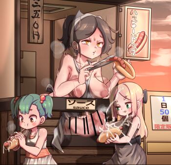 3girls age_difference apron black_dress black_hair blonde_hair censored cum cum_on_food dress eating ejaculation food_stand futa_with_female futanari green_eyes green_hair handjob highres hot_dog huge_penis lemon_snail loli mosaic_censoring multiple_girls naked_apron onee-loli original penis ponytail short_twintails tongs twintails white_dress